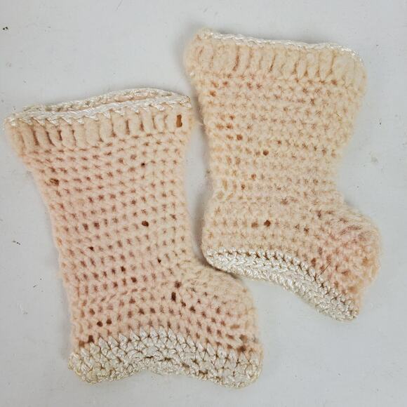 Vintage 1930s Hand Crochet Baby Booties Pink White 2.5 Inch Foot - Picture 1 of 2